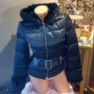Bebe shiny puffer rabbit fur belted coat S EUC